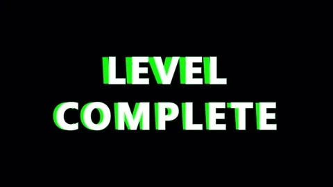 Text animation of 'LEVEL COMPLETE' message with glitch effect during a vide.. Video stock 344036882