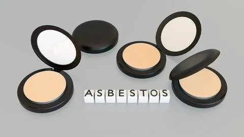 The text "ASBESTOS" on white blocks over an open makeup compact. Illustrazione stock