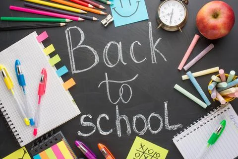 Text Back To School Chalk Drawing Elements on Blackboard Background School Su Stock Photos