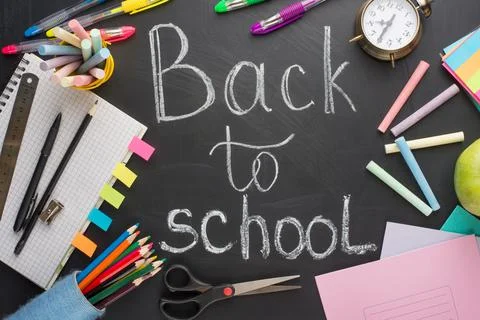 Text Back To School Chalk Drawing Elements on Blackboard Background School Su Stock Photos
