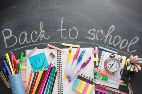 Text Back To School Chalk Drawing Elements on Blackboard Background School Su Stock Photos