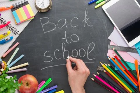 Text Back To School Chalk Drawing Elements on Blackboard Background School Su Stock Photos