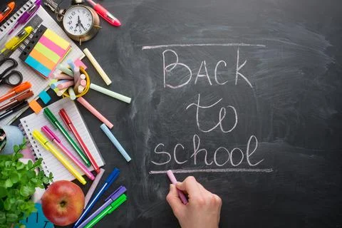 Text Back To School Chalk Drawing Elements on Blackboard Background School Su Stock Photos
