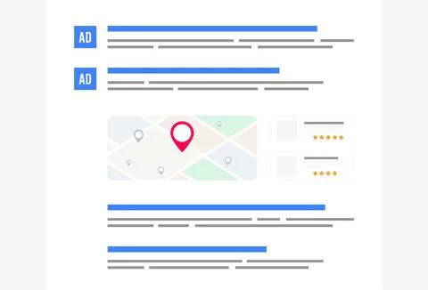 Text-based ads, paid, organic and local search results on search engine results Stock Illustration