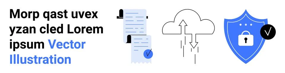 Text-based placeholder, document with checklist, cloud with arrows, blue secu Illustrazione stock