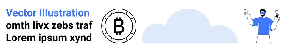Text with Bitcoin symbol, cloud shape, and character holding objects. Ideal f イラスト素材