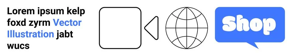 Text in black and blue, a square and globe wireframe icon, and a speech bubbl Stock Illustration