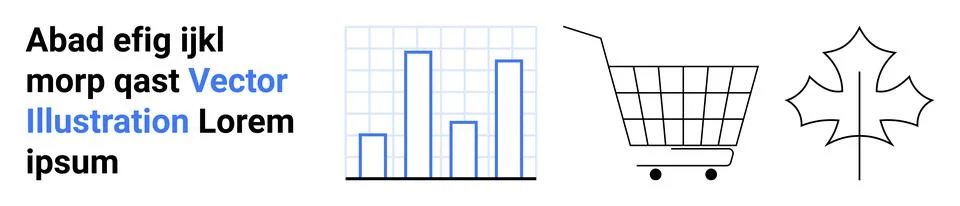 Text in black, blue bar graph on grid shopping cart, maple leaf in black outl Stock Illustration