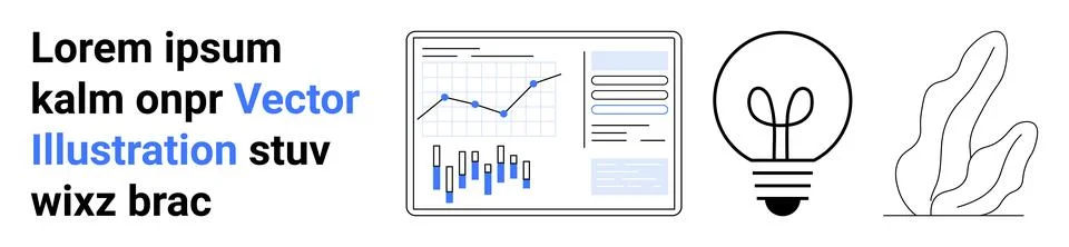 Text block, analytics chart with blue line and bar graphs, light bulb, and le Stock-Illustration