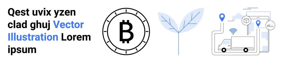 Text block, Bitcoin symbol, leaf, logistical elements such as a delivery truc 스톡 일러스트