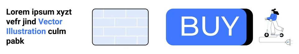 Text block, brick pattern, blue BUY button, scooter rider with helmet and bac Stock Illustration