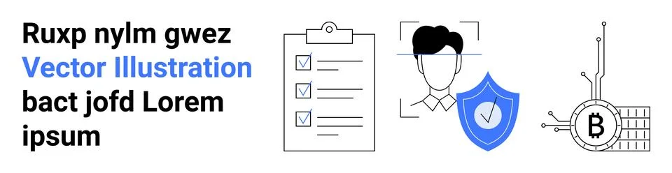 Text block, checklist with checkmarks, user profile outline, security shield, Stock Illustration