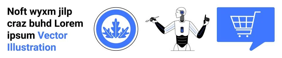 Text block, circular blue shield icon, humanoid robot with arms parts, blue s Illustrazione stock