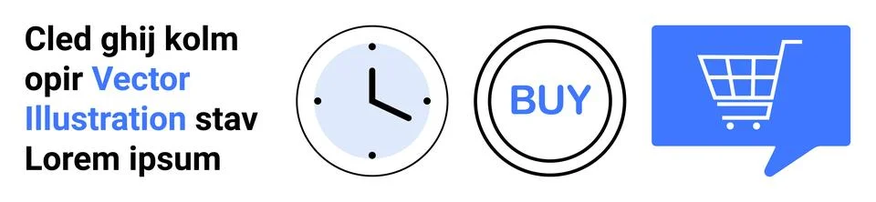Text block, clock, buy button, and shopping cart in speech bubble. Ideal for  Stock Illustration