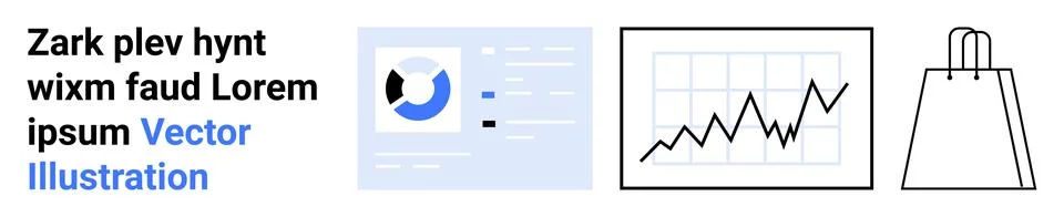 Text block, computer screen with pie and bar charts, rising line graph, shopp Stock-Illustration