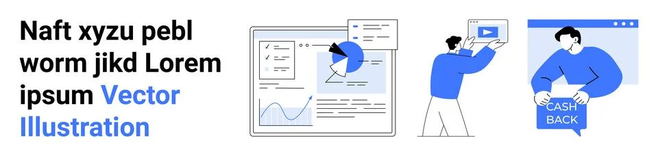 Text block, data analysis screen, person editing video, person with cashback  Illustrazione stock