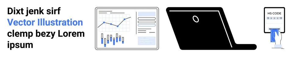 Text block, data analytics dashboard with line and bar graphs, black laptop,  Stock Illustration