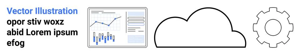 Text block, data analytics screen with charts, black cloud shape, cogwheel ou 스톡 일러스트