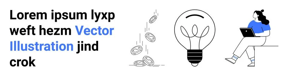 Text block, falling coins, light bulb, person sitting with laptop. Ideal for  Stock Illustration