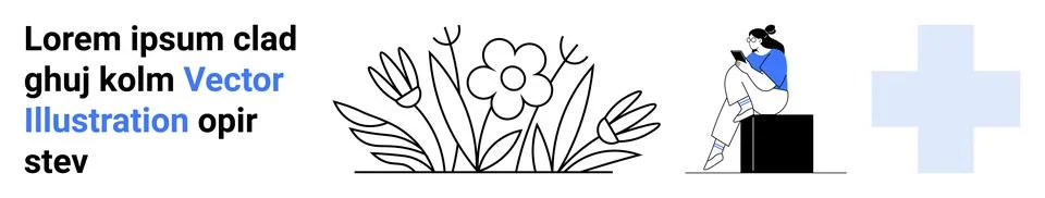 Text block with highlighted word, flower doodle, woman reading on a cube, lig Stock Illustration