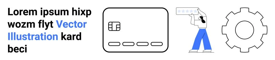 Text block on left, stylized credit card image with chip, person scanning bar Stock Illustration