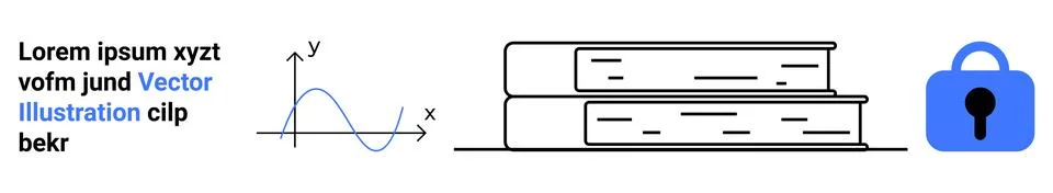 Text block, line graph, stack of books, and lock icon on blue secured content イラスト素材