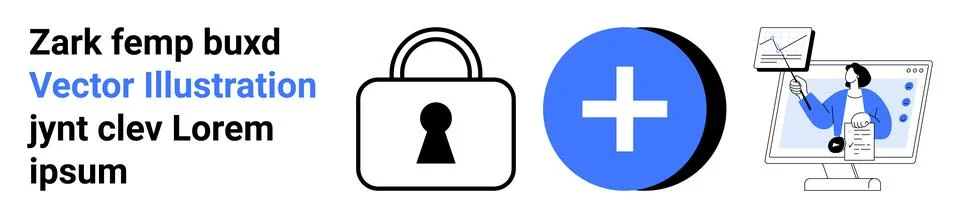 Text block, lock icon, blue medical plus sign, and person analyzing data on c Illustrazione stock