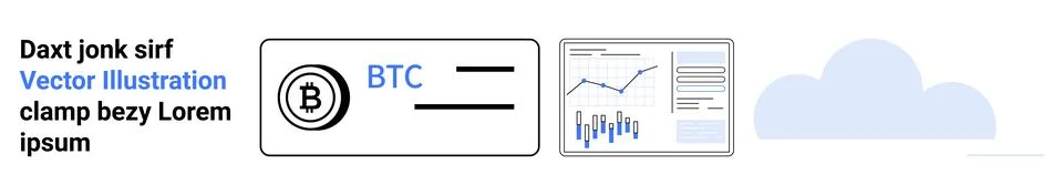 Text block, multiple charts with data, Bitcoin symbol, BTC acronym, cloud ico Stock Illustration