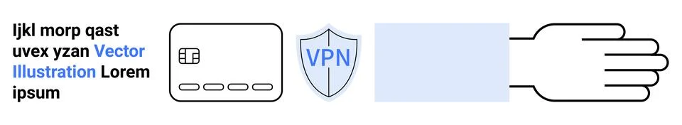 Text block next to a credit card icon, VPN shield, blank blue rectangle, and  Stock Illustration