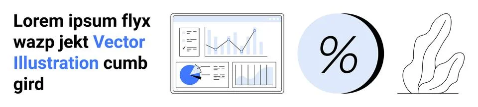 Text block with placeholder text, data analytics graphs in blue, pie chart, p Illustrazione stock