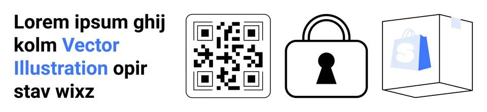 Text block, QR code, secure padlock, and shopping bag. Ideal for digital secu Stock Illustration