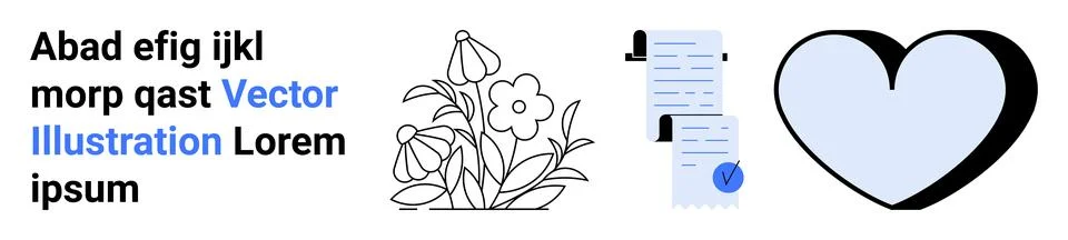 Text block with random words, flower sketch, checklist document, and heart sh Illustrazione stock