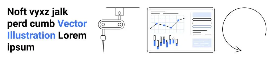 Text block, robotic arm, data analysis graph on a monitor, circular arrow sym Stock Illustration