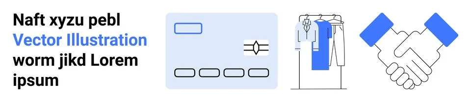 Text block with sample text, credit card illustration with lines and buttons, Illustrazione stock