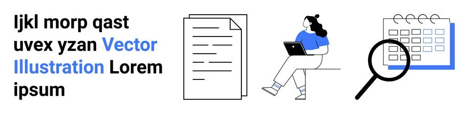 Text block, stack of documents, person working on laptop, calendar and magnif Stock Illustration