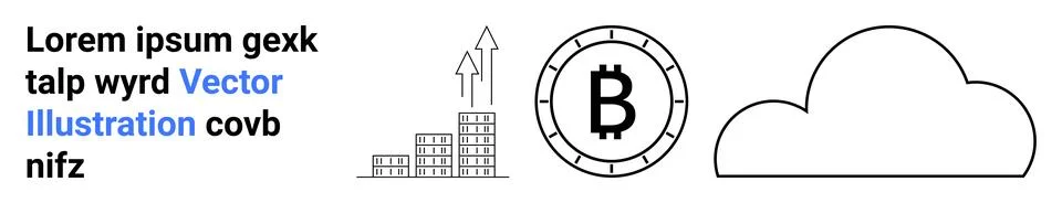 Text block, three upward arrows, buildings, Bitcoin symbol on coin, cloud out Ilustración de archivo