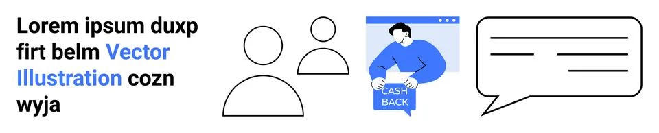 Text block, two user profile icons, person holding cashback sign, chat bubble 스톡 일러스트