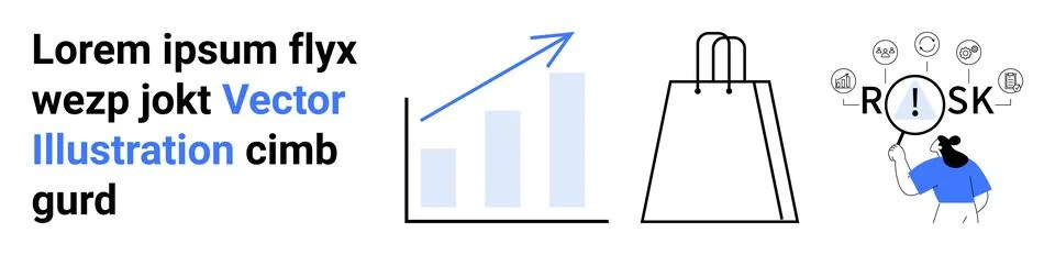 Text block, upward trend bar graph, shopping bag outline, person analyzing ri Stock-Illustration