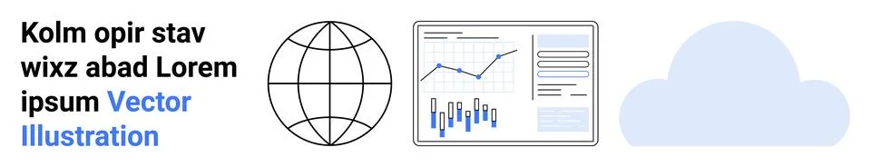 Text block, wireframe globe, analytics screen with charts, and cloud icon. Id イラスト素材