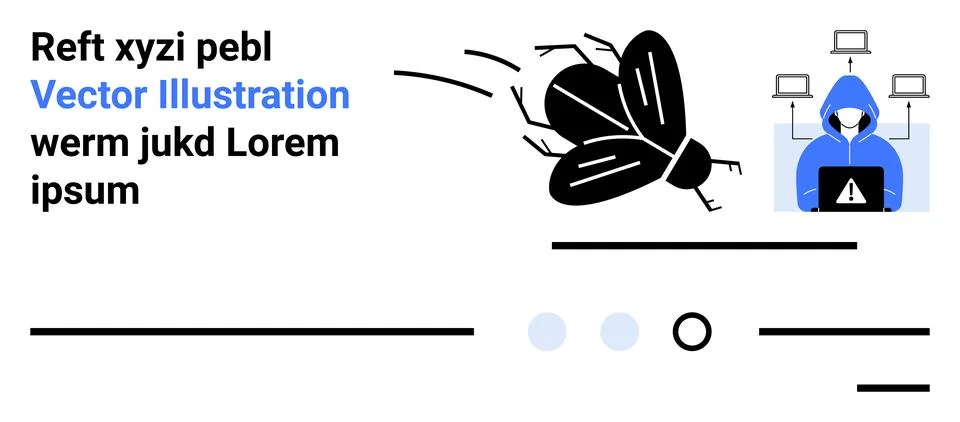Text blocks, a bug icon representing malware, and a hacker icon with a laptop Stock Illustration