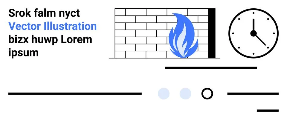 Text, blue flame, brick wall, clock, abstract elements, dots, and lines. Idea Stock Illustration