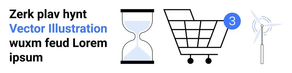 Text with blue hyperlink, sand hourglass, shopping cart with notification, wi Illustrazione stock