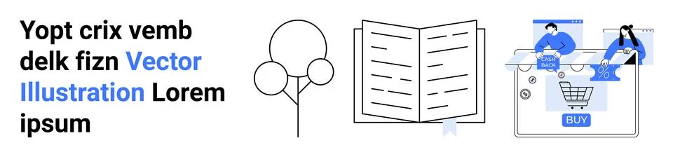 Text with a blue Vector Illustration label, a simple line drawing of a tree,  Stock Illustration