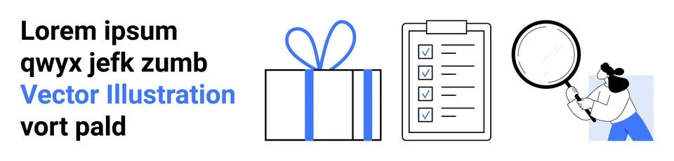 Text blurb, gift box with bow, checklist, person with magnifying glass. Ideal イラスト素材