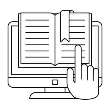 Text book with computer and hand Illustrazione stock