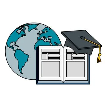 Text book with hat graduation and world planet Stock Illustration