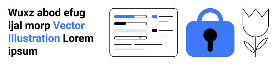 Text box with sample words, document displaying charts and graphs, blue lock, Illustrazione stock