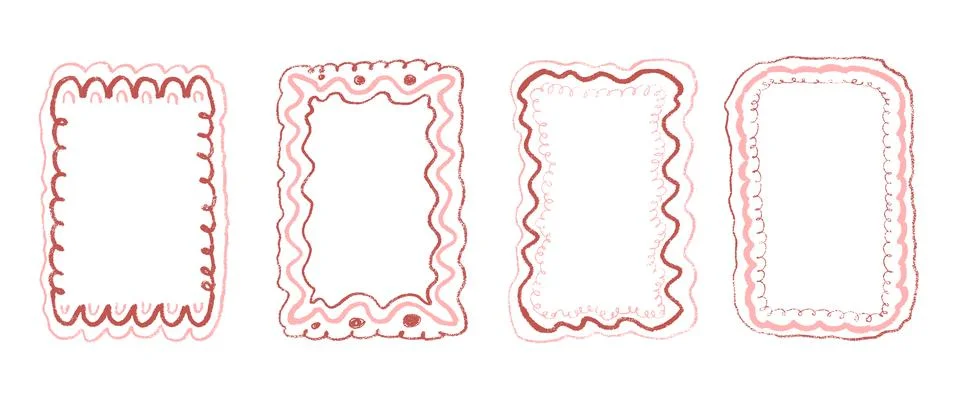 Text boxes frames pencil hand drawn set. Wavy groovy rectangle borders by crayon Stock Illustration