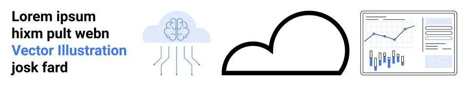 Text, brain cloud icon, stylized black cloud, and graphical charts. Ideal for Stock Illustration
