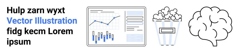 Text, business analytics chart with graphs, popcorn bucket, and brain icon. I 스톡 일러스트